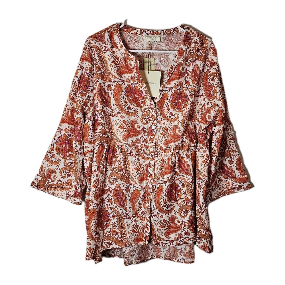 NWT Cynthia Rowley Woman 1X Paisley Linen Blend Hi Low Blouse Button Up Shirt